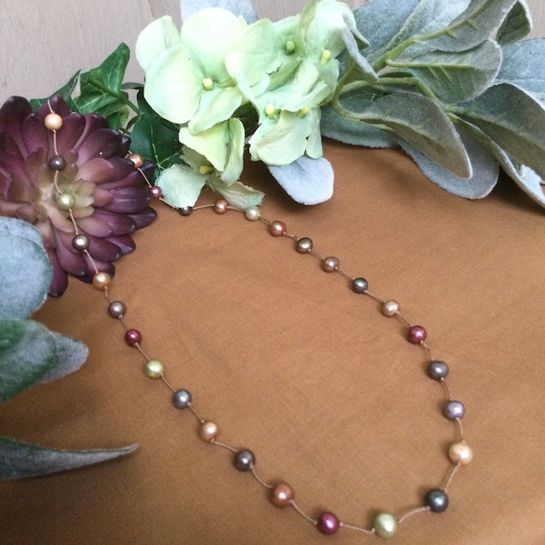 Earthtone Necklace, Handknotted Necklace, Fall Colors, Orange Necklace, Pearl Necklace