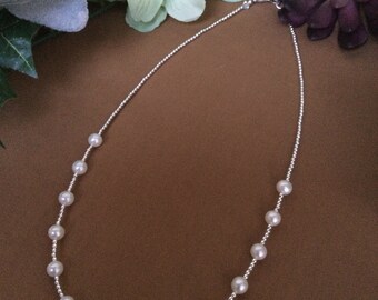 White Pearl Necklace: Sterling Silver, Handknotted, Freshwater Pearl Pendant