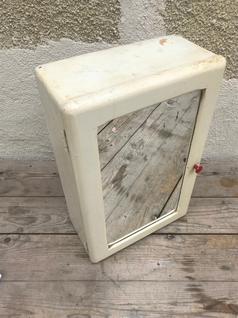 Old White Wooden Medicine Cabinet Mirror Vintage Glass Etsy