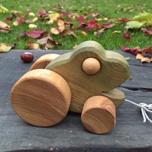 Könnte beinhalten: Ein hölzerner Spielzeugfrosch mit grüner Farbe und einer natürlichen Holzoptik. Der Frosch hat große Räder und eine Zugschnur. Das Spielzeug steht auf einer Holzoberfläche.