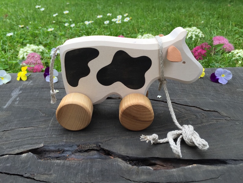 Big Wooden Toy Cow,Pull Along Toy,Birthday gift,Christmas gift,Gifts For Kids,Toys for Kids,Toys for Babies,Waldorf toy image 1