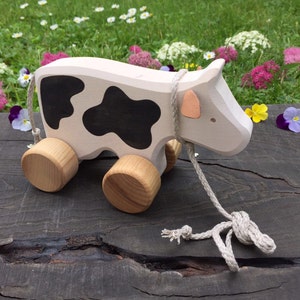 Big Wooden Toy Cow,Pull Along Toy,Birthday gift,Christmas gift,Gifts For Kids,Toys for Kids,Toys for Babies,Waldorf toy image 2