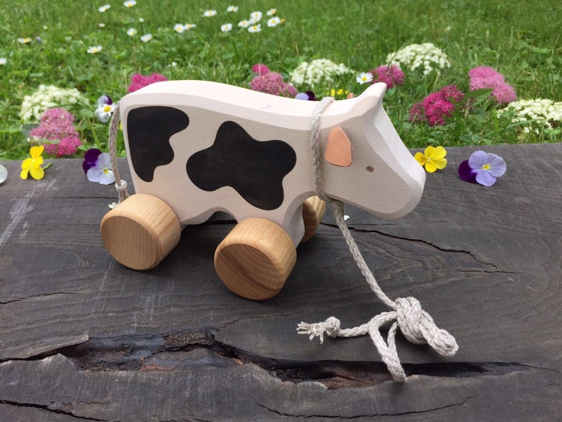 Big Wooden Toy Cow,Pull Along Toy,Birthday gift,Christmas gift,Gifts For Kids,Toys for Kids,Toys for Babies,Waldorf toy image 2