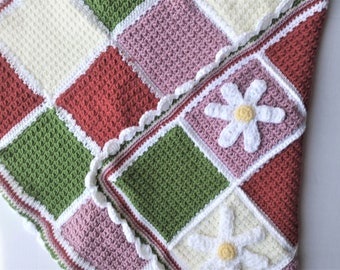Granny Square Blanket, Solid with Floral Daisy Accents, Crochet, Handmade, Throw, SHIPS FREE, Ready-to-Ship
