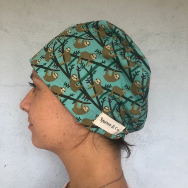 Sloths….Scrub cap/ hat unisex medical tie back style.PPE never looked so good. handmade in Brisbane