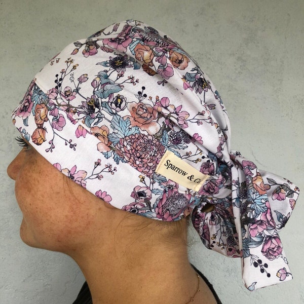 Ponytail scrubcap. perfect for really long hair. Florals. Long hair perfection. white florals. Satin lined optional