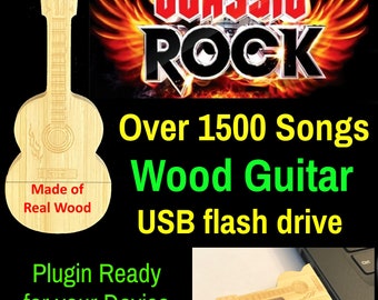 Wood Guitar USB Flash Drive 16GB - 60s 70s 80s Classic Rock Music Collection, 1500 songs