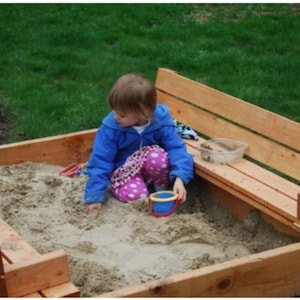 Plans to build a Wood 4'x4' Covered Sandbox with fold-out Seats - Easy DIY