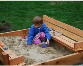 Plans to build a Wood 4'x4' Covered Sandbox with fold-out Seats - Easy DIY