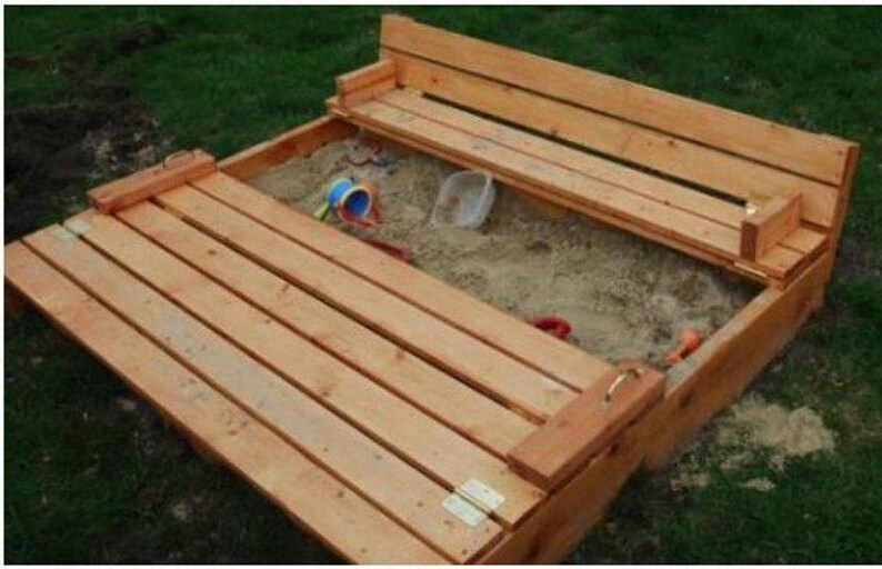 Plans to Build a Wood 4'x4' Covered Sandbox With Foldout Seats Easy