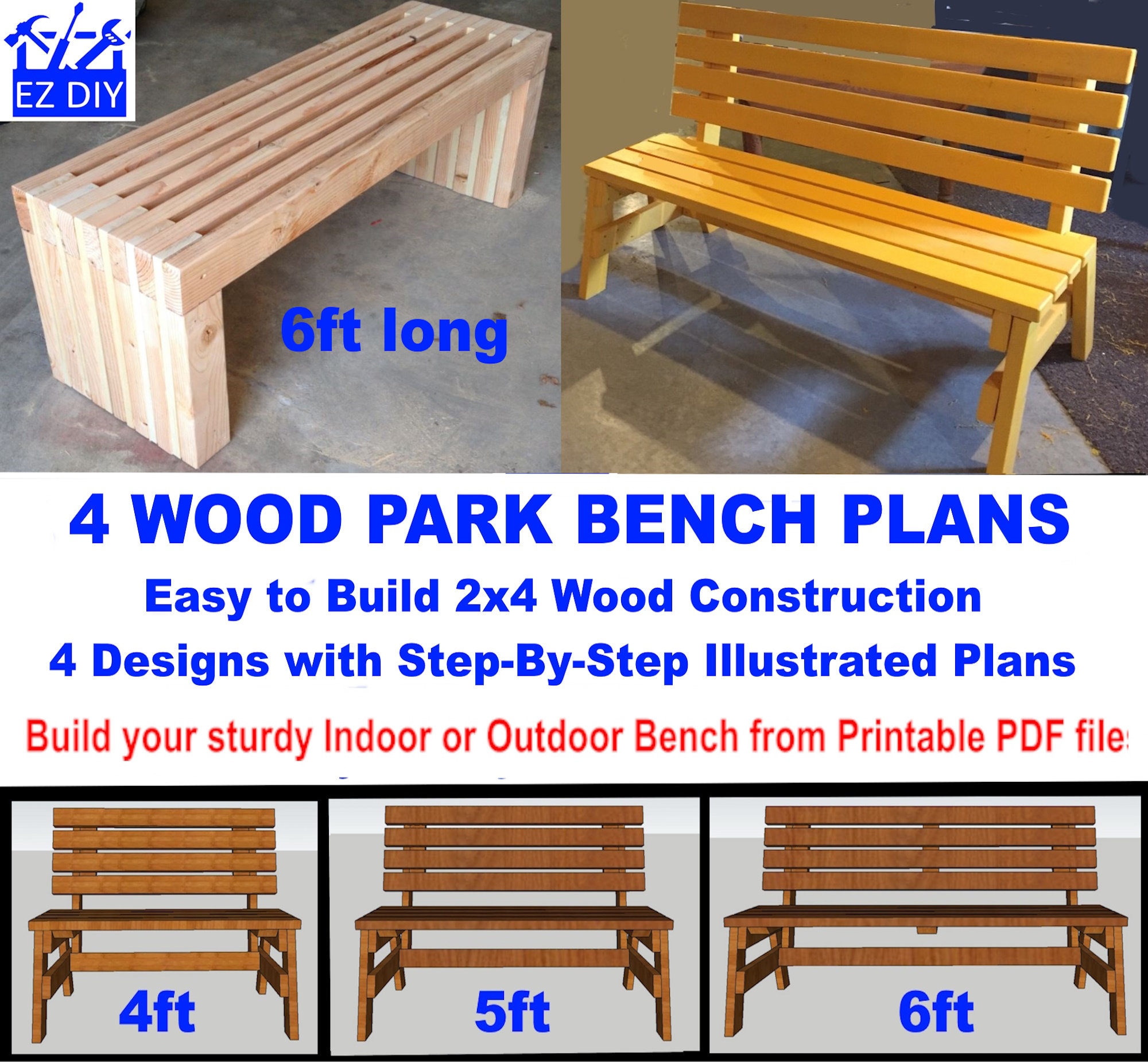 PLANS for Park Bench 4ft, 5ft, or 6ft long DIY 2x4 wood 