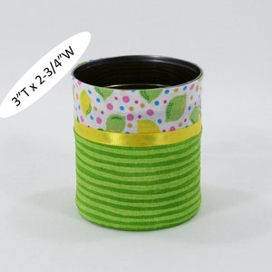 Fabric decoupage upcycled metal can, flower vase, pencil holder, stripes lemons limes dots, hdc10