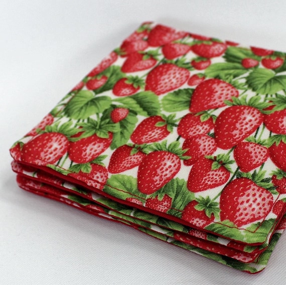 Strawberry Fabric Coasters, Waterproof Layer, Set of 4