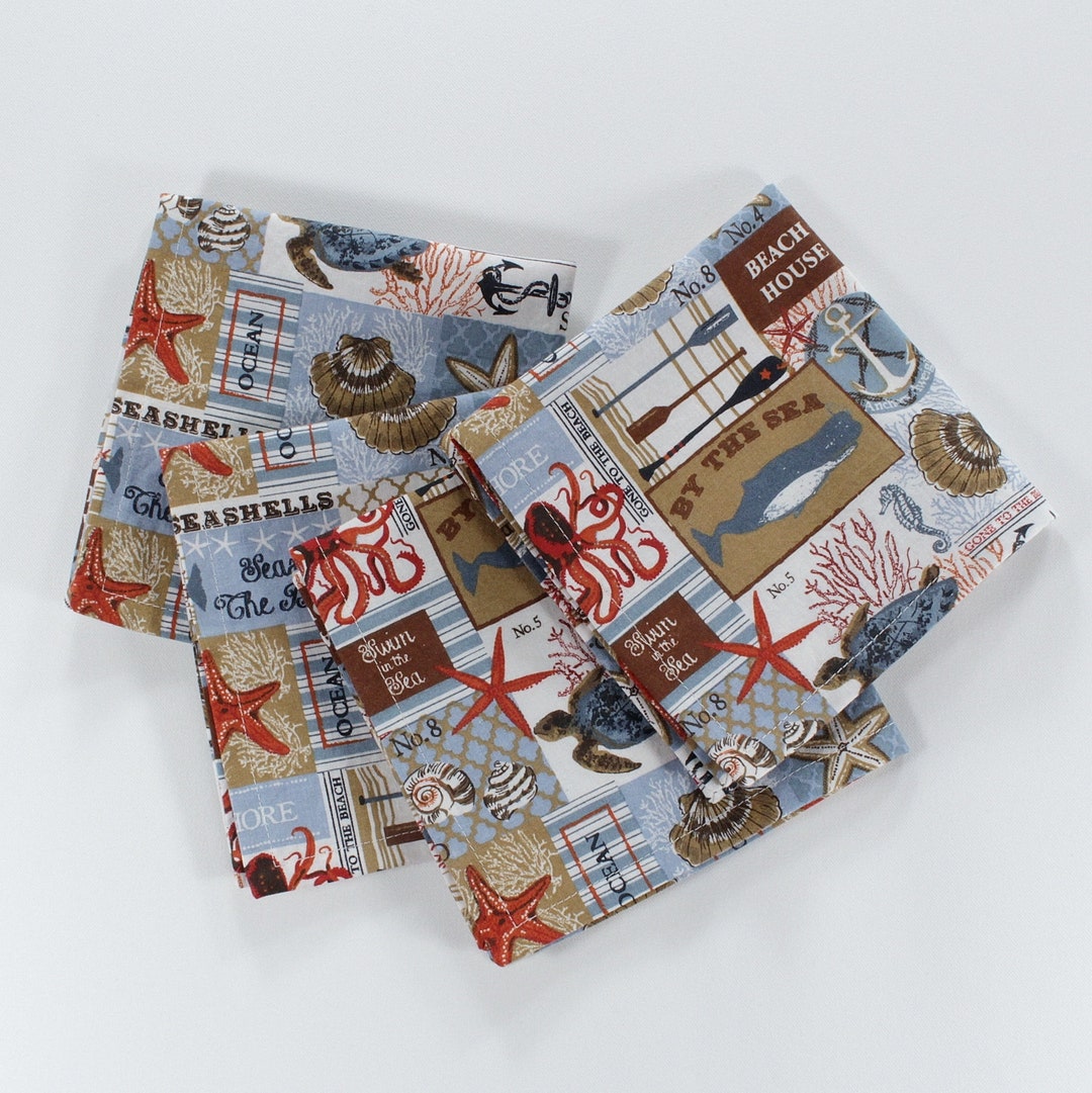 Cloth Lunch Napkins, Ocean &amp; Beach Theme, Cotton Fabric, 12x12 Inches ...