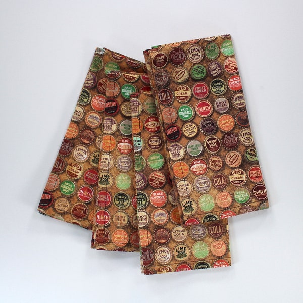 Soda pop cap dinner napkins, vintage theme, cotton fabric, 18x18 inches