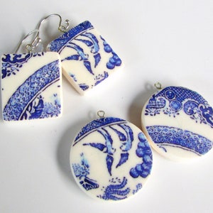 Willow Pattern Earrings - Blue and White - Handmade Earrings - Sterling Silver Ear Wires - Light Comfortable Earrings - Australian Made