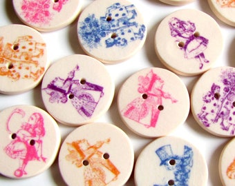 Alice in Wonderland Buttons - 18mm, 22mm or 24mm - 2/3", 7/8" or 1" - Australian Made - Mad Hatter - Queen of Hearts - White Rabbit