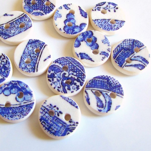 Willow pattern teensy doll buttons 9.5mm (3/8") - Handmade Buttons - Blue and White - Made in Australia - Tiny Buttons - Cute Buttons