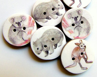 Koala Wombat Kangaroo Buttons - 18mm, 22mm or 24mm - 2/3", 7/8" or 1" - Australian Made - Handcrafted  Wombats  Cute Buttons  Animal buttons