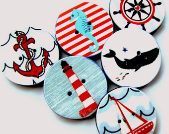 Nautical Buttons - 18mm, 21mm or 24mm - 2/3", 13/16" or 1" - Australian Made - Handcrafted - Blue Red and White - Anchor - Boat - Whale