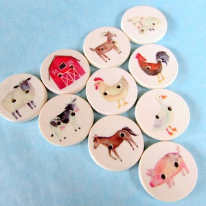 May include: Set of ten round white buttons with farm animal illustrations. The animals include a cow, pig, goat, chicken, goose, sheep, and rooster. There is also a red barn and a brown horse.