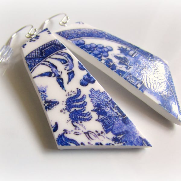 Willow Pattern 'broken china' earrings - Handmade - Sterling Silver Ear Wires - Handcrafted Jewelry - Made in Australia - Blue and White