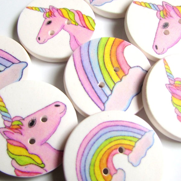 Boutons Rainbow Unicorn - 18mm, 22mm ou 25mm - 2/3", 7/8" ou 1" - Fabriqués à la main - Pastel - Licornes - Arcs-en-ciel - Boutons