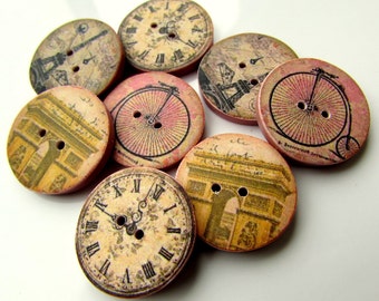 Shabby Chic Paris Buttons - 1" - Penny Farthing - Eiffel Tower - Arc de Triomphe - Handmade in Australia - Scenes from Paris -Clock