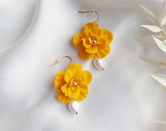 Whimsical pearl - Porcelain orange, flower earrings with sweetwaterpearls