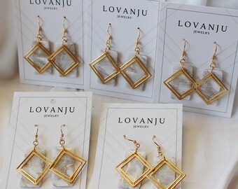 White marble - Double Lovanju, dangle earrings, marbled earrings, square earrings