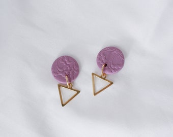 Purple floral texture: M studs with charms, polymerclay studs