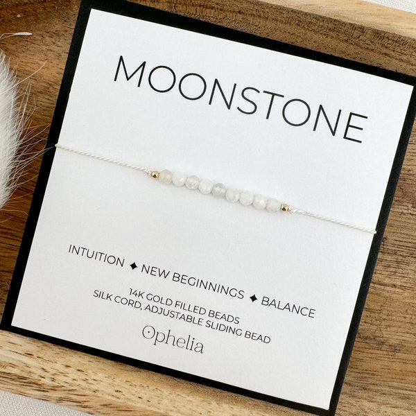 Pulsera de seda con piedra lunar • Pulsera con piedra natal de junio • Joyería con piedra lunar • Joyería con piedras preciosas • Pulsera con piedra lunar • Cristal de piedra lunar