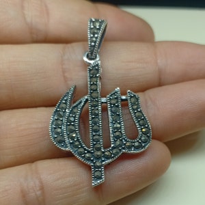 Rare Calligraphie Islamique Allah Pendentif Argent Sterling 925 avec Marcasite, Argent 925 Calligraphie Arabe Allah Pendentif, Islam Cadeaux Musulmans