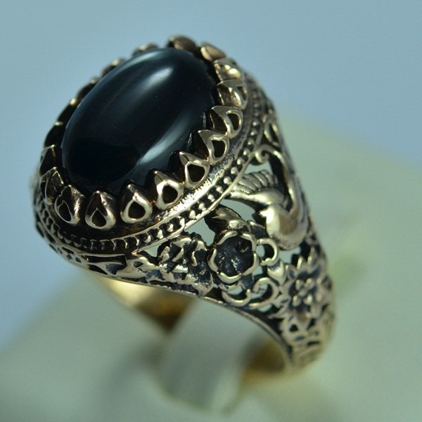 Bronzen mannen ring grootte zwarte onyx antieke vintage design zwart Aqeek