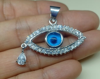 Big Evil Eye Pendant Sterling Silver, Sterling Silver Blue Eye Pendant, Good Luck Charm Pendant Evil Eye, Large Evil Eye Teardrop Pendant