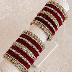 Luxury Antique Gold & Maroon Velvet Bridal Bangle set