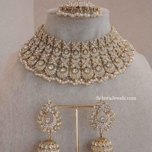 Camelia Pearl Beads Necklace Set - Clear Crystal Indian Pakistani Desi Jewelry Bride Wedding Guest Antique Gold Light Gold Jhumka Earring