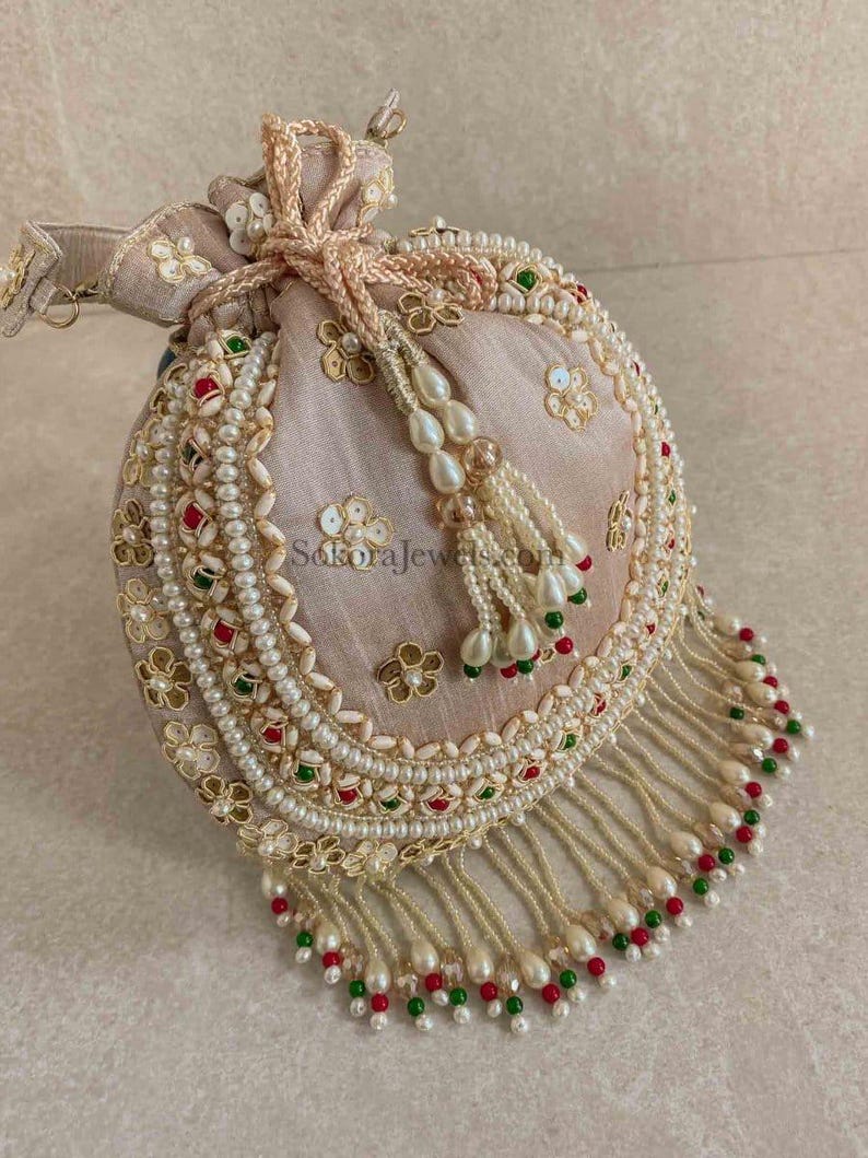 Raw Silk Bead Detail Potli Bag - 6 Colour Options - SOKORA JEWELSRaw Silk Bead Detail Potli Bag - 6 Colour Options