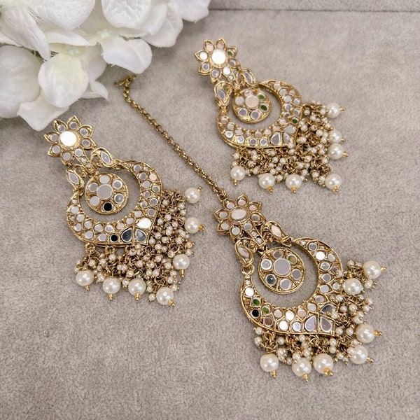 Mirrored Earrings and Tikka set - Pearl