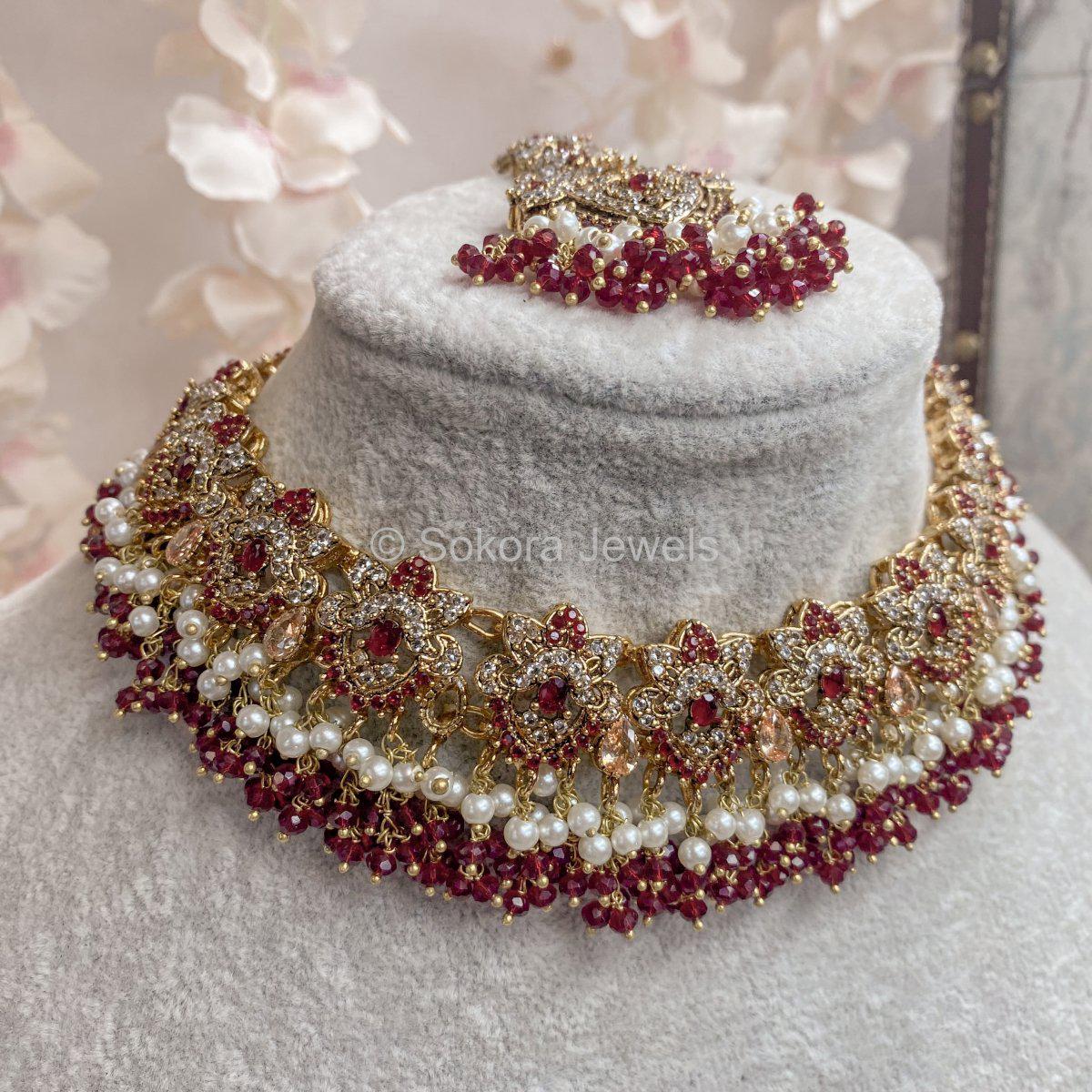 Lubna Bridal Double Necklace Set Maroon