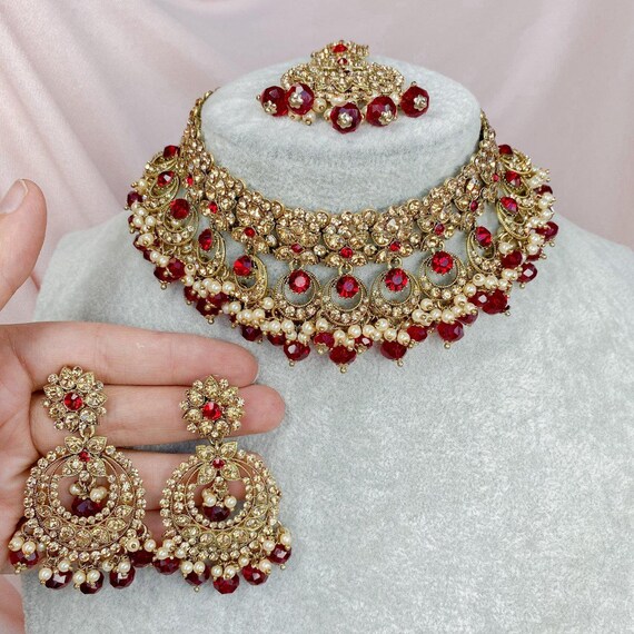 Sokora Jewels Maroon Choker Necklace Meera Choker Set Maroon UK - Main Image