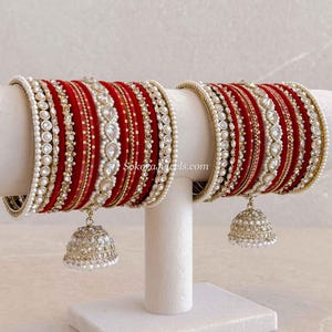 Aafiya Bridal Bangle Set Red Both Arms luxurious Pearl Velvet bangle Crystal Clear Jhumka Drop Middle Bangle Wedding Bridal Sokora Jewels