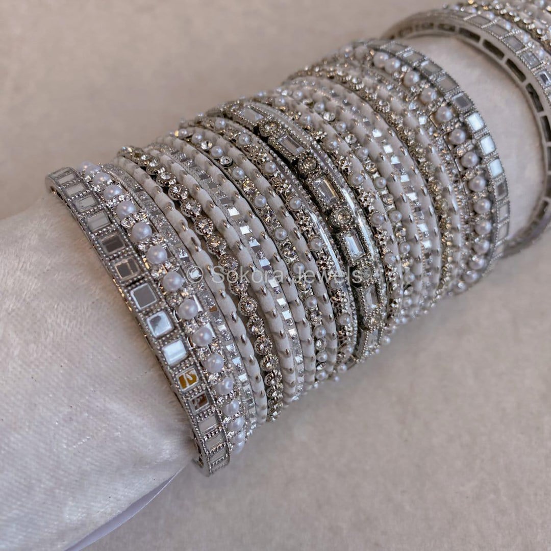 Ramila Silver White Mirror Bangles Set Both Arms Indian Jewelry