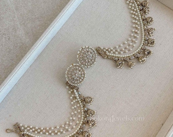 Hina Jhumka Detail Earrings Jewelry Saharey Chain Gold Silver Clear Maroon Indian Pakistani Party Wedding Jewellery Hair Accessory