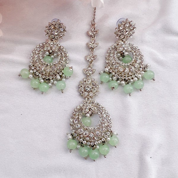 Meera Silver Earrings and Tikka set - Mint