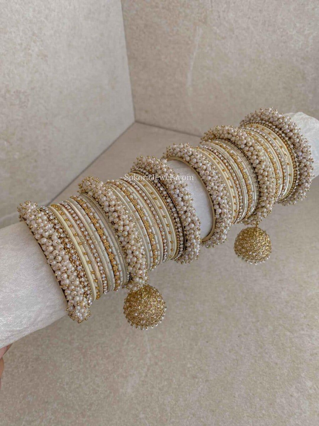 Yusra Pearl & Clear Bangle Set - Cream - Etsy