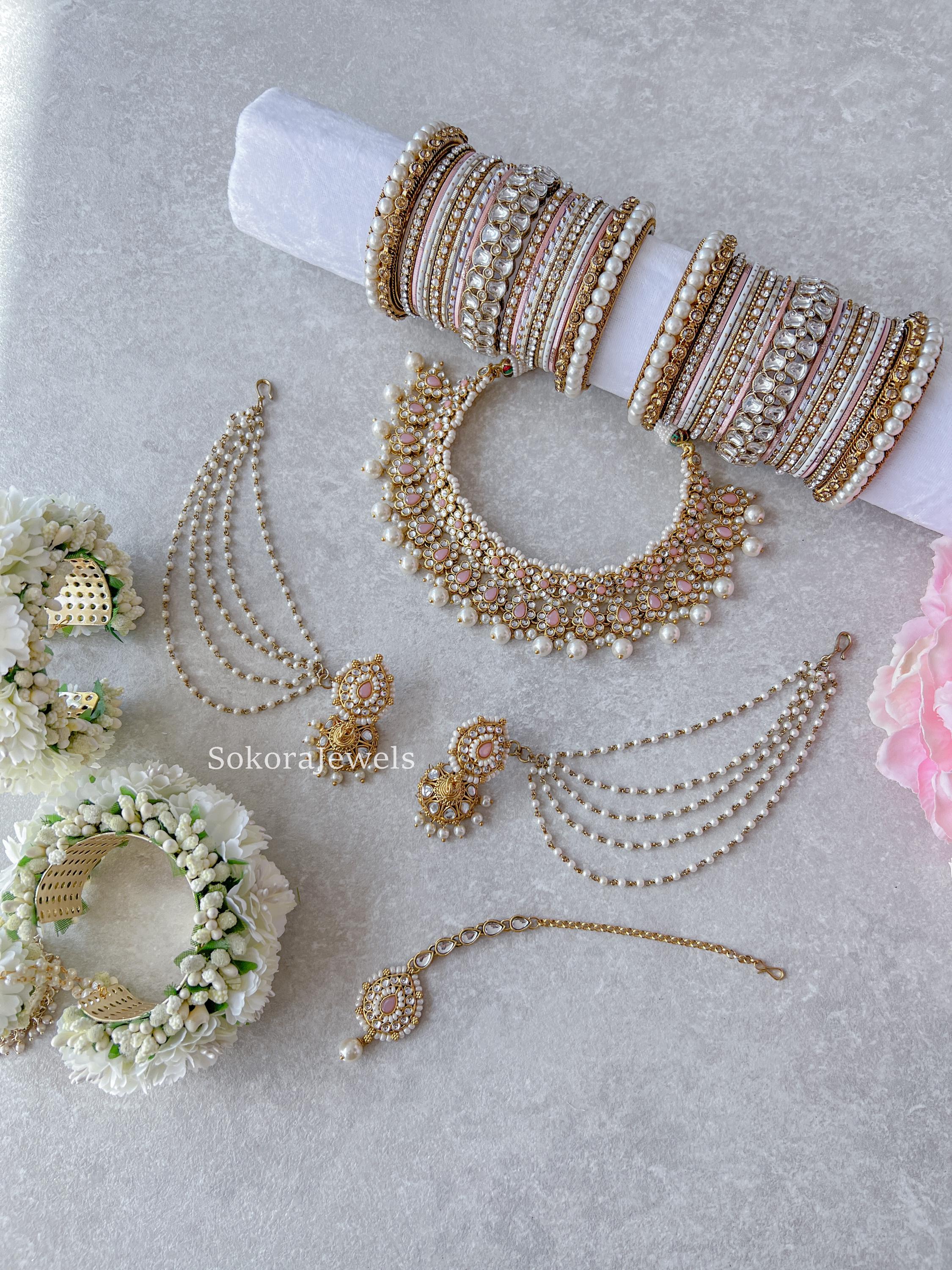 Valima Roti Set Asmita Faux Kundan Set Pink Necklace Earringtikka Small White Pearl ...