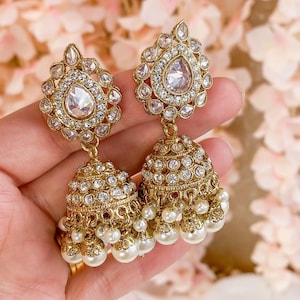 Swarna Jhumka Ohrringe Kleine Gold Basis Klar Zircron Kristall Jhumki Ohrring Perle Arbeit Geschenk Hochzeit Indisch Pakistani Jewlry ClearGolden