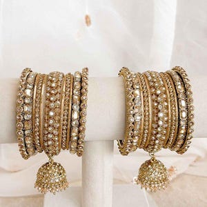 Small Golden Jhumka Bangle set Both Arms Champagne Crystal No pearls Bronze Gold Indian Pakistani Chura Jewellery Hand Jewelry Traditional