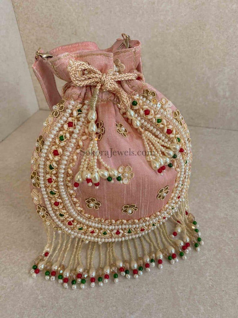 Raw Silk Bead Detail Potli Bag - 6 Colour Options - SOKORA JEWELSRaw Silk Bead Detail Potli Bag - 6 Colour Options